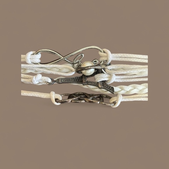 Women's 6-in-1White/Silver-Tone Braided/Strand 7.25"-8.75" Wristband with Charms - Picture 5 of 15